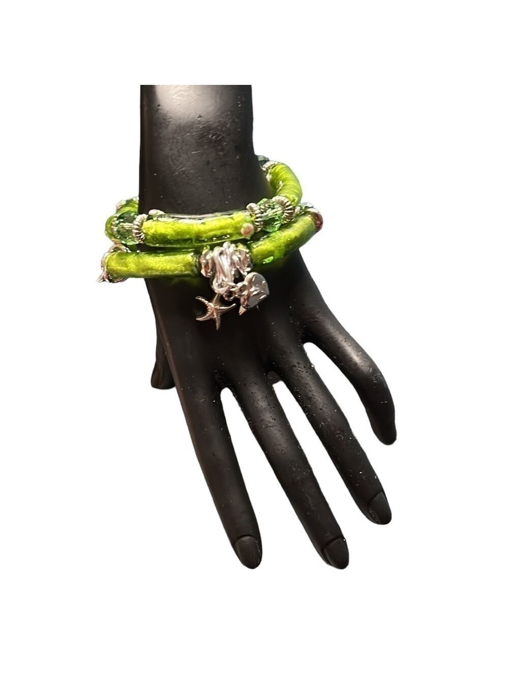 Green Glass Bead Tube and Crystal Stretch Bracelets Set of 2